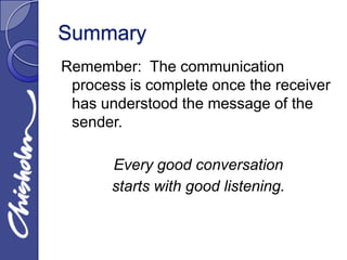 Summary
Remember: The communication
 process is complete once the receiver
 has understood the message of the
 sender.

       Every good conversation
       starts with good listening.
 