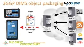 3GGP DIMS object packaging
Server A
Server B
Server C
Scene Stream
Server and
DIMS Packager
packaged
scene
description
and...