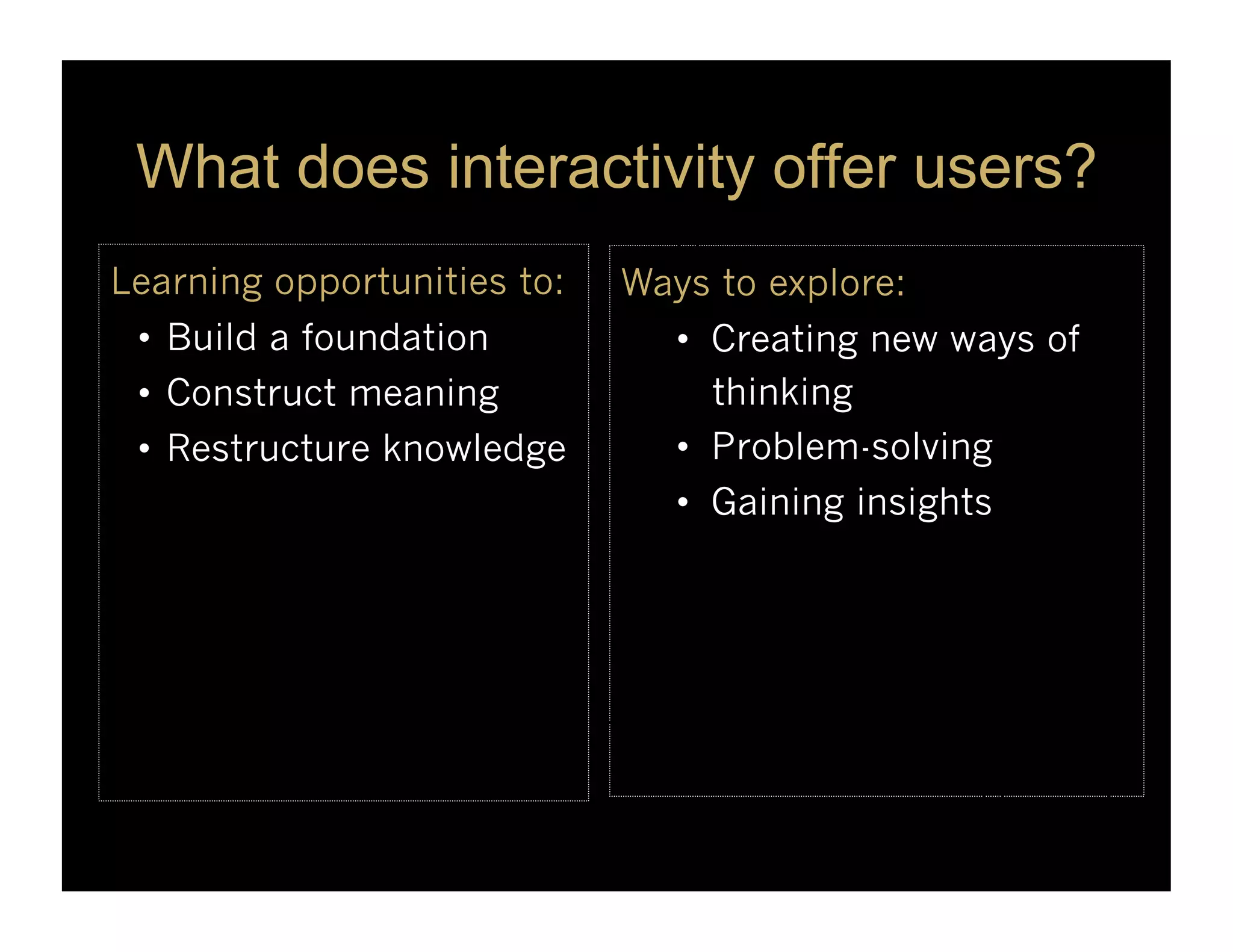 What does interactivity offer users?
Learning opportunities to:   Ways to explore:
 •  Build a foundation          •  Creating new ways of
 •  Construct meaning              thinking
 •  Restructure knowledge       •  Problem-solving
                                •  Gaining insights
 