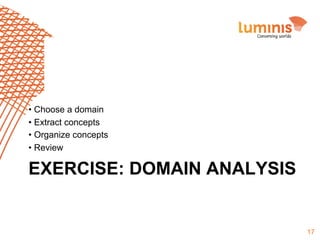 •  Choose a domain
•  Extract concepts
•  Organize concepts
•  Review

EXERCISE: DOMAIN ANALYSIS

17

 