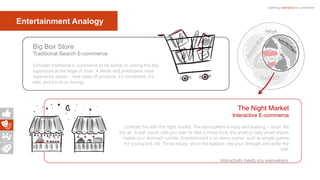 Defining interactive e-commerce
The Night Market
Interactive E-commerce
Contrast this with the night market. The atmosphere is lively and bustling - music fills
the air. A stall owner calls you over to take a closer look; the smell of tasty street snacks
makes your stomach rumble. Entertainment is on every corner, such as simple games
for young and old. Throw hoops, shoot the balloon, test your strength and strike the
bell.
Interactivity meets you everywhere.
Big Box Store
Traditional Search E-commerce
Consider traditional e-commerce to be similar to visiting the big
superstore at the edge of town. A sterile and predictable retail
experience awaits - neat aisles of products. It’s convenient, it’s
safe, and it’s oh so boring.
Entertainment Analogy
 