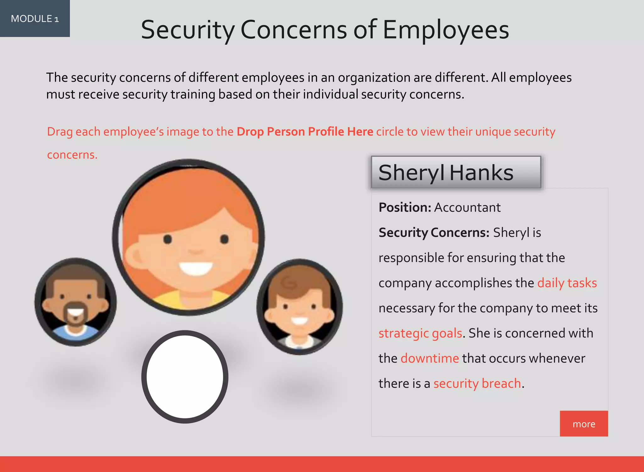 Drag and Drop Image Interaction
The learner must drag and drop the images into the empty circle
provided. When an image is dropped into the circle, the
corresponding explanatory text is displayed.
 
