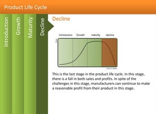 Product Life Cycle
Growth
Introduction
Decline
This is the last stage in the product life cycle. In this stage,
there is a fall in both sales and profits. In spite of the
challenges in this stage, manufacturers can continue to make
a reasonable profit from their product in this stage.
Decline
Maturity
 