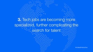 3. Tech jobs are becoming more
specialized, further complicating the "
search for talent 
#indeedinteractive	
  
 