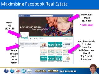 Maximising Facebook Real Estate

                                    New Cover
                                      Image
                                    851 x 315
  Profile
    Pic                            * Rules apply
 180 x 180




                                  App Thumbnails
                                      111 x 74
                                      Great for
       About                       Calls To Action
      Section                          Max 12
        Add                         Top 3 most
      Call To                        important
      Action
 
