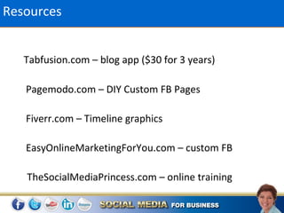 Resources


   Tabfusion.com – blog app ($30 for 3 years)

   Pagemodo.com – DIY Custom FB Pages

   Fiverr.com – Timeline graphics

   EasyOnlineMarketingForYou.com – custom FB

   TheSocialMediaPrincess.com – online training
 