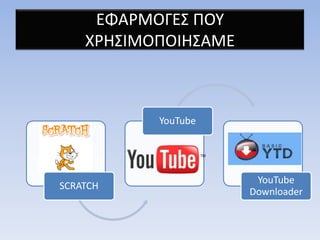 ΕΦΑΡΜΟΓΕ΢ ΠΟΤ
    ΧΡΗ΢ΙΜΟΠΟΙΗ΢ΑΜΕ



           YouTube




                       YouTube
SCRATCH
                      Downloader
 