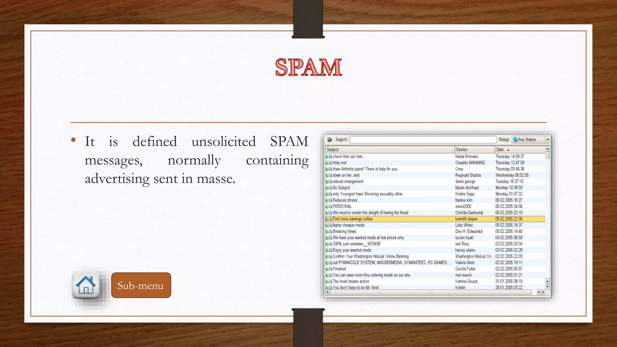 • It is defined unsolicited SPAM 
messages, normally containing 
advertising sent in masse. 
Sub-menu 
 