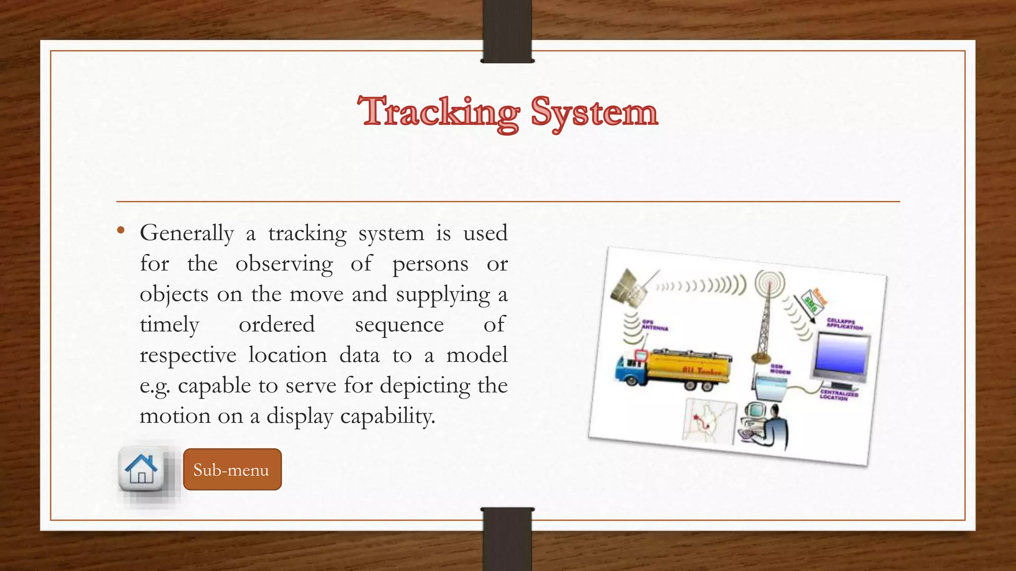 • Generally a tracking system is used 
for the observing of persons or 
objects on the move and supplying a 
timely ordered sequence of 
respective location data to a model 
e.g. capable to serve for depicting the 
motion on a display capability. 
Sub-menu 
 
