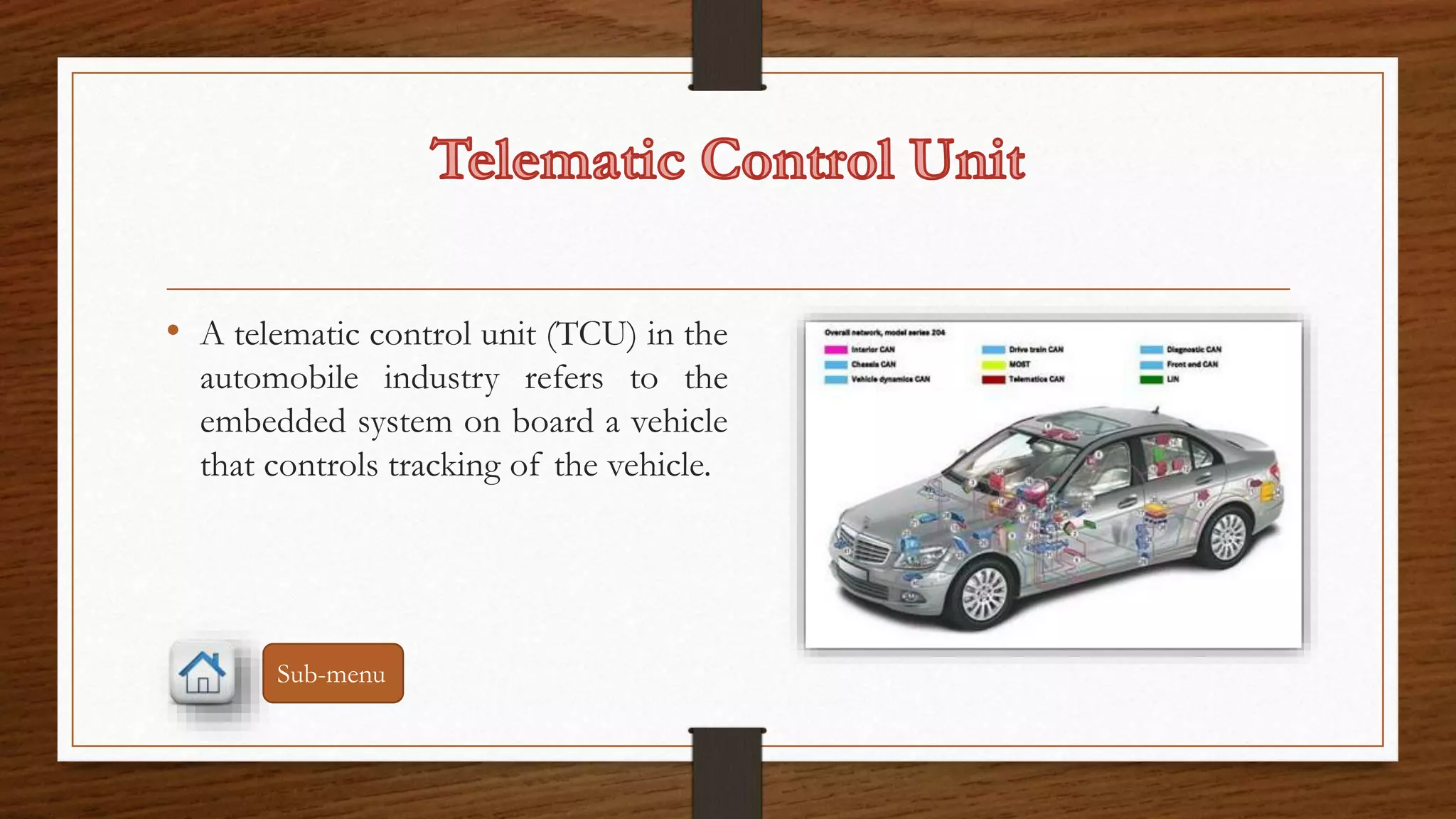 • A telematic control unit (TCU) in the 
automobile industry refers to the 
embedded system on board a vehicle 
that controls tracking of the vehicle. 
Sub-menu 
 