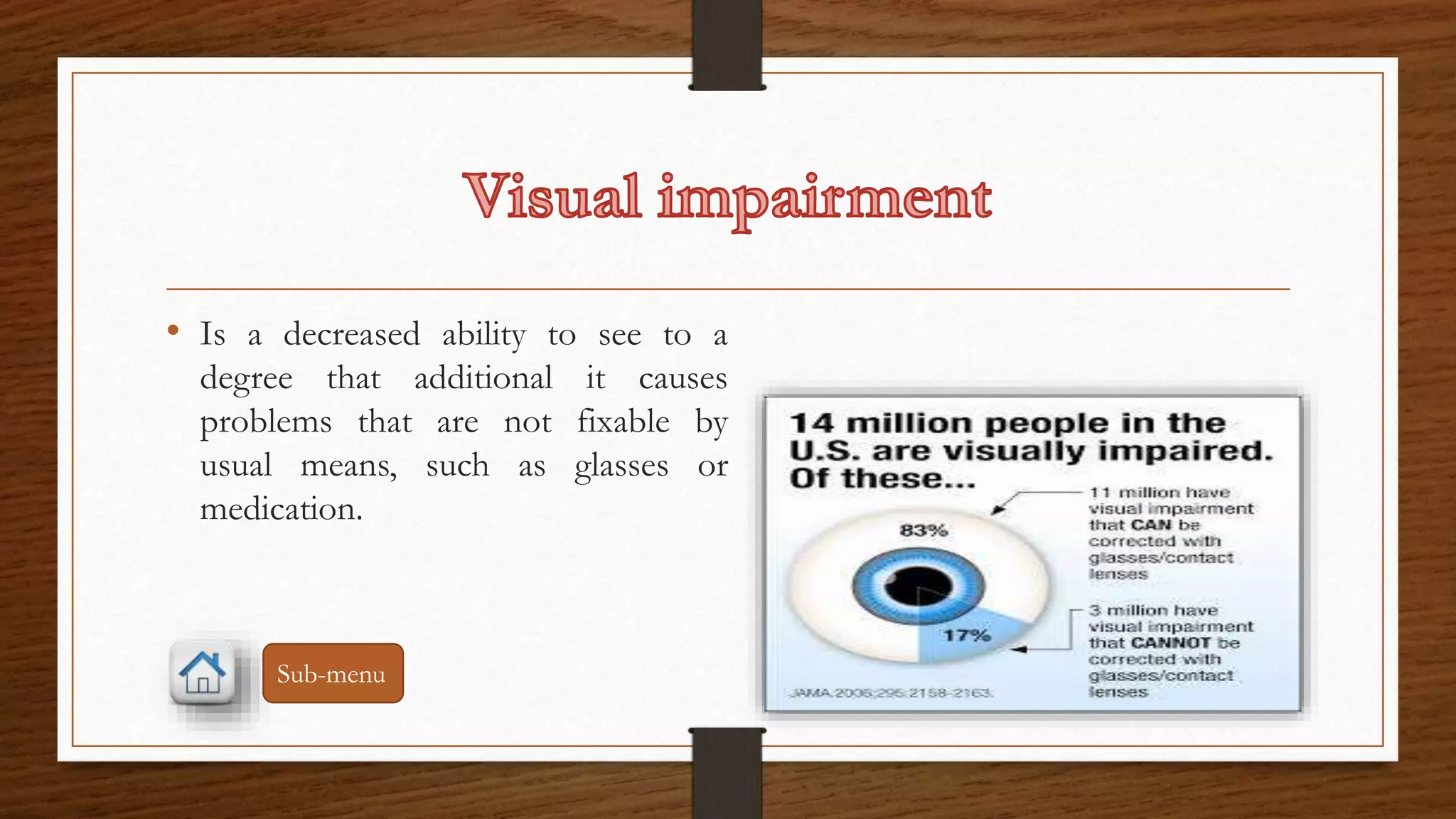 • Is a decreased ability to see to a 
degree that additional it causes 
problems that are not fixable by 
usual means, such as glasses or 
medication. 
Sub-menu 
 