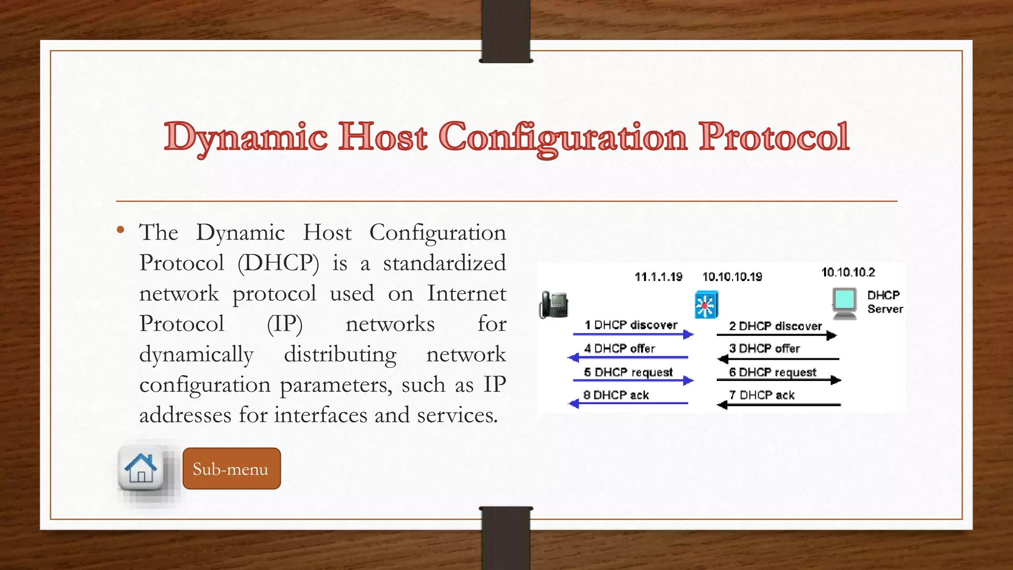 • The Dynamic Host Configuration 
Protocol (DHCP) is a standardized 
network protocol used on Internet 
Protocol (IP) networks for 
dynamically distributing network 
configuration parameters, such as IP 
addresses for interfaces and services. 
Sub-menu 
 
