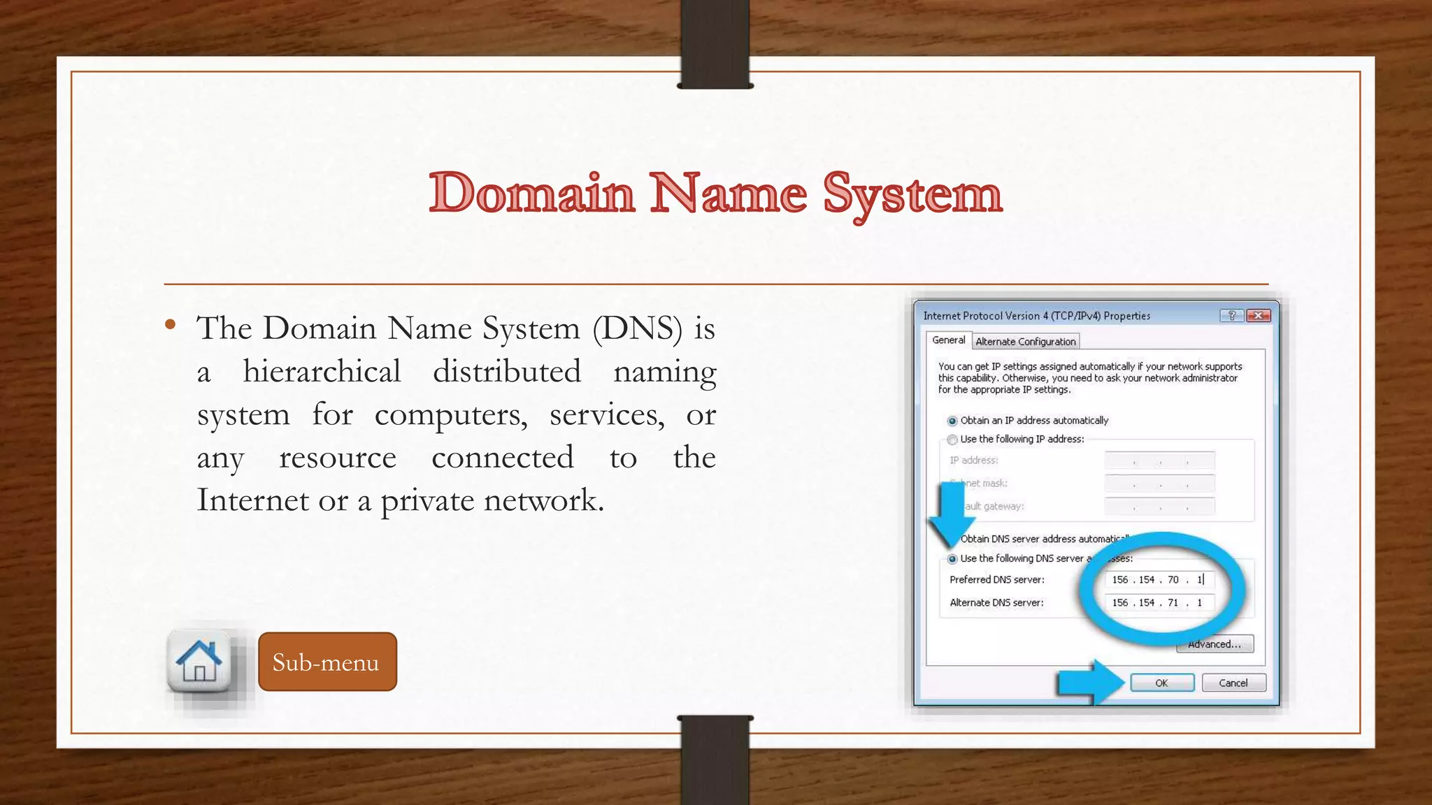 • The Domain Name System (DNS) is 
a hierarchical distributed naming 
system for computers, services, or 
any resource connected to the 
Internet or a private network. 
Sub-menu 
 