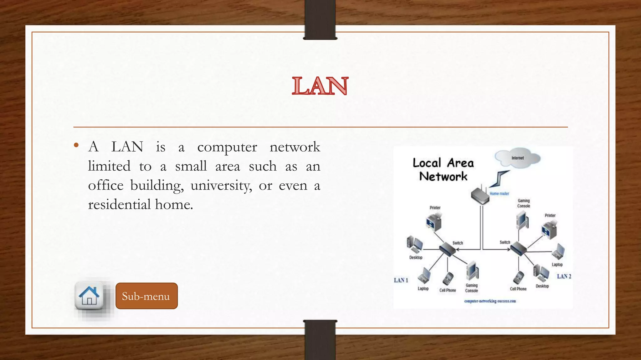 • A LAN is a computer network 
limited to a small area such as an 
office building, university, or even a 
residential home. 
Sub-menu 
 