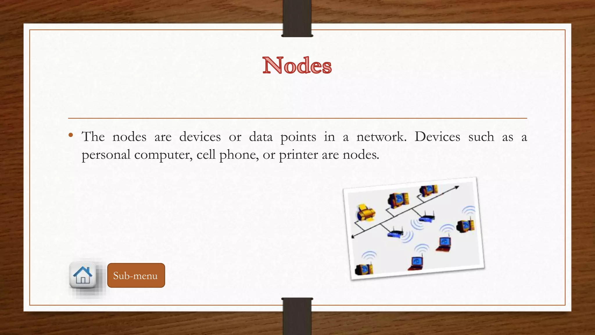 • The nodes are devices or data points in a network. Devices such as a 
personal computer, cell phone, or printer are nodes. 
Sub-menu 
 
