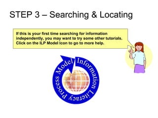 STEP 3 – Searching & Locating If this is your first time searching for information independently, you may want to try some other tutorials. Click on the ILP Model Icon to go to more help.  