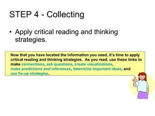 STEP 4 - Collecting Apply critical reading and thinking strategies. Now that you have located the information you need, it’s time to apply critical reading and thinking strategies.  As you read, use these links to make  connections ,  ask questions ,  create visualizations ,  make predictions and inferences ,  determine important ideas , and  use fix-up strategies . 