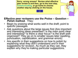 Effective peer reviewers use the  P raise –  Q uestion –  P olish method .  They:  Begin by praising what works well in the draft; point to specific passages.  Ask questions about the large issues first (Are important and interesting ideas presented? Is the main point clear and interesting? Is there a clear focus? Is the draft well-organized? They go on to smaller issues later (spelling, punctuation, capitalization, and grammar errors).  Are specific in their suggestions on how to polish by explaining what they don't understand  and  in their suggestions for revision. As much as they can, they explain why they're making particular suggestions.  Sorry, wrong answer!  Review what effective peer review is and then, go to the next step,  Communicating , or go home to choose another step by clicking on the house. 
