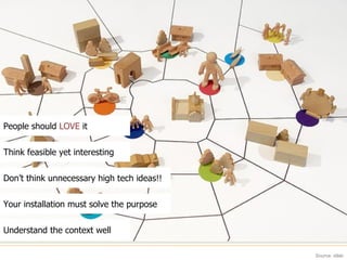 Source: idlab Understand the context well Your installation must solve the purpose Do not think of unnecessary high tech ideas!! Think feasible yet interesting Thoughts of building Interactive Installations 