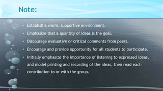 Note:
• Establish a warm, supportive environment.
• Emphasize that a quantity of ideas is the goal.

• Discourage evaluative or critical comments from peers.
• Encourage and provide opportunity for all students to participate.
• Initially emphasize the importance of listening to expressed ideas,
and model printing and recording of the ideas, then read each
contribution to or with the group.

 