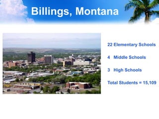 Billings, Montana
22 Elementary Schools
4 Middle Schools
3 High Schools
Total Students = 15,109
 
