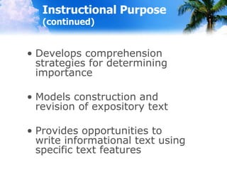 Instructional Purpose
(continued)
• Develops comprehension
strategies for determining
importance
• Models construction and
revision of expository text
• Provides opportunities to
write informational text using
specific text features
 