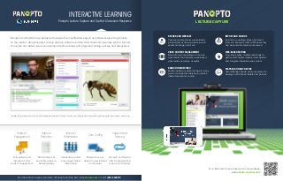 LECTURE CAPTURE

INTERACTIVE LEARNING
LECTURE CAPTURE

Panopto Lecture Capture and Top Hat Classroom Response

of any size can deliver live and on-demand lecture videos with integrated polling, quizzes, and discussions.

IMPORT AND ENCODE

Capture and live stream presentations,
product demos, training videos, launch
events, meetings, and more.

Dust off your existing videos and import
them into Panopto’s Video CMS where they
can be searched, shared, and viewed.

WEB-BASED EDITING

Store all of your recordings in a secure
video library that includes a web-based
video editor and video analytics.

on the market. Using Panopto’s lecture capture software and Top Hat’s classroom response system, schools

RECORD AND WEBCAST

VIDEO CONTENT MANAGEMENT

Panopto and Top Hat have partnered to deliver the most flexible, easy to use interactive learning solution

Trim videos, splice multiple recordings together, edit chapter markers and captions,
and integrate interactive web content.

SEARCH INSIDE VIDEO
Search inside your video footage for a keyword or concept as easily as you search
inside documents or email.

PLAYBACK ON ANY DEVICE
Automatically encode all of your videos for
viewing on PCs, Macs, tablets, and phones.

Student learning becomes an interactive experience through course recordings and integrated quizzes, polls, discussions, and more.

Improve
Engagement

Improve
Retention

Improve
Attendance

Zero Config

Support and
Training

Polls, quizzes, and

Reinforcement of

discussions drive

key topics drives up

Interactivity in class

Students use any

Panopto and Top Hat

encourages higher

device to view lectures

offer industry-leading

student engagement.

student grades

attendance.

and interact.

support and training.
For a free trial or to see a live demo of our software,
visit panopto.com/free-trial

For a free trial or to see a live demo of Panopto and Top Hat, visit panopto.com or call 1 (855) PANOPTO

 