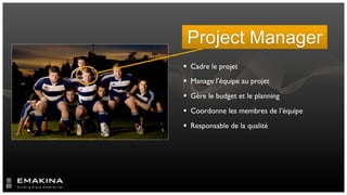 Project Manager
 Cadre le projet
 Manage l’équipe au projet
 Gère le budget et le planning
 Coordonne les membres de l’équipe
 Responsable de la qualité
 