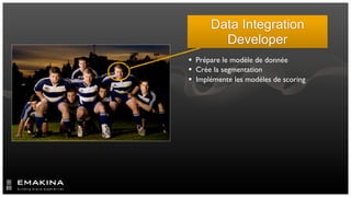 Data Integration
        Developer
 Prépare le modèle de donnée
 Crée la segmentation
 Implémente les modéles de scoring
 