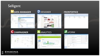 Selligent
    DATA	
  MANAGER   DESIGNER    FRONTOFFICE




    CAMPAIGNER        ANALYTICS     eFORM
 