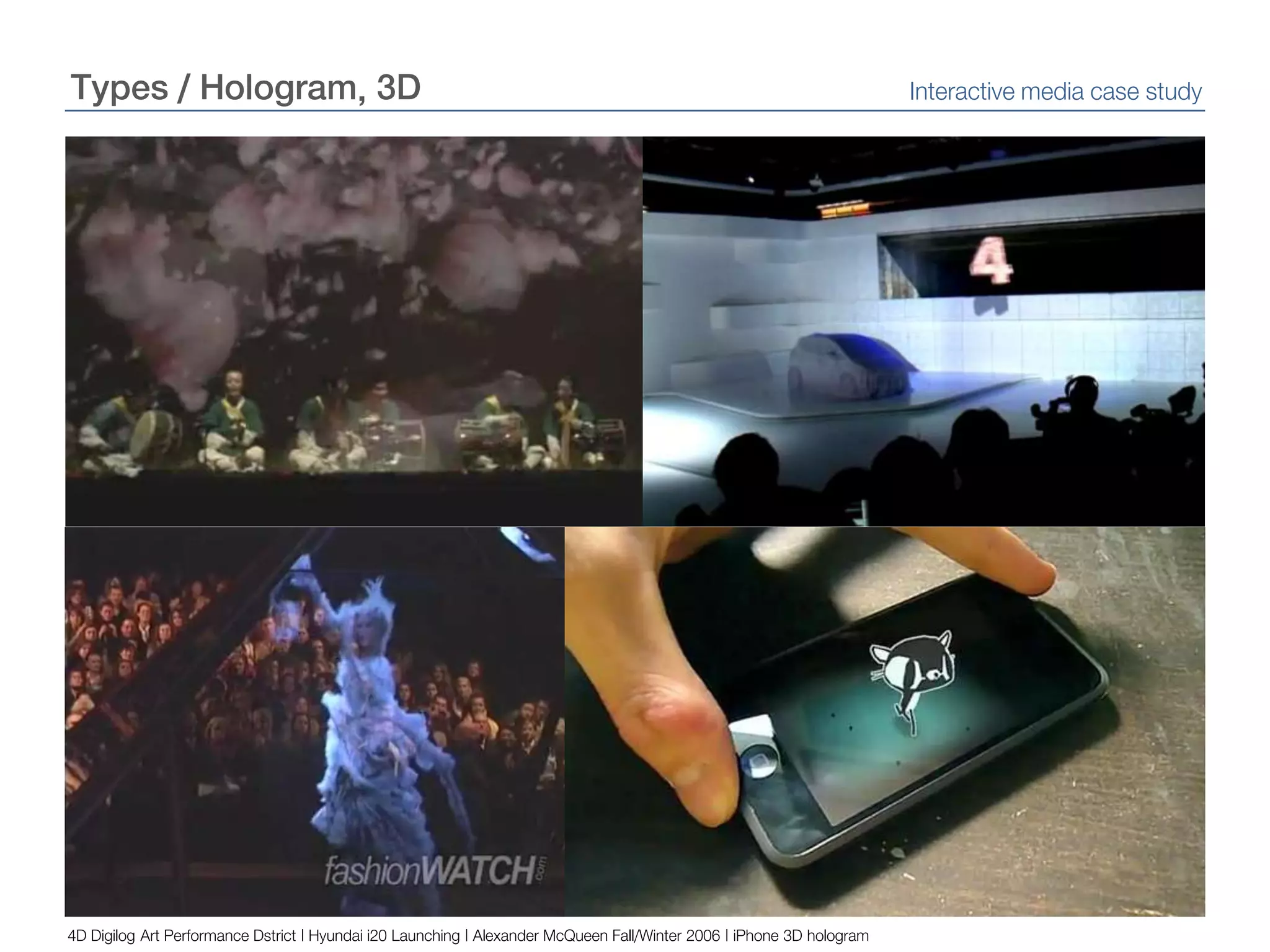 Types / Hologram, 3DInteractive media case study4D Digilog Art Performance Dstrict | Hyundai i20 Launching | Alexander McQueen Fall/Winter 2006 | iPhone 3D hologram
