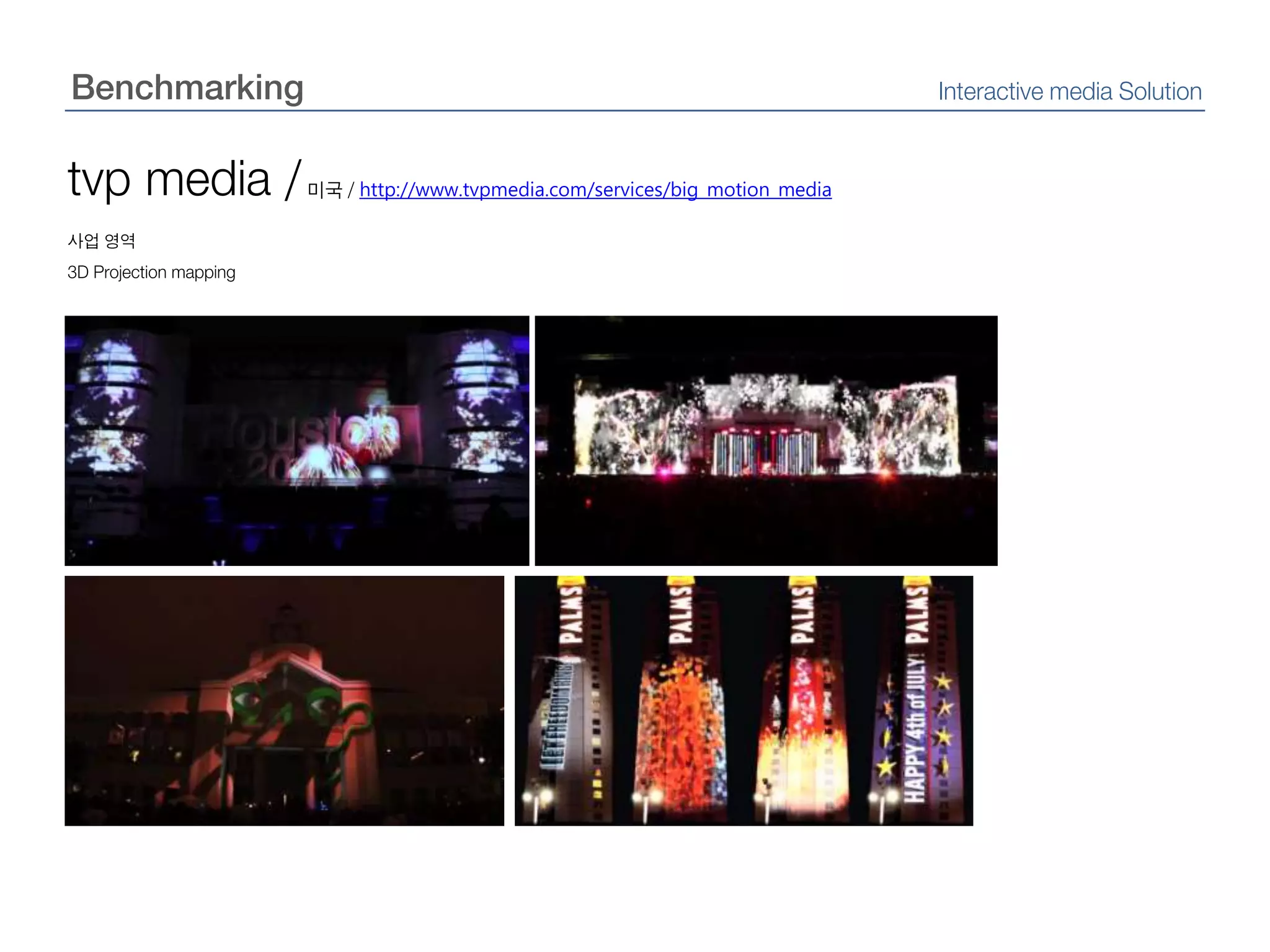 BenchmarkingInteractive media Solutiontvp media / 미국 /http://www.tvpmedia.com/services/big_motion_media사업 영역3D Projection mapping