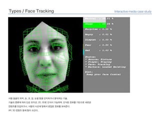 Types / Face TrackingInteractive media case study사람 얼굴의 위치, 눈, 코, 입, 눈썹 등을 인지하거나 분석하는 기술.기술의 종류에 따라 단순 포지션, 2D, 3D로 인식이 가능하며, 인식된 정보를 기반으로 새로운 컨텐츠를 덧입히거나. 사람의 시선에 맞춰서 편집된 정보를 보여준다.AR, 3D 컨텐츠 등에 많이 쓰인다.