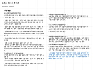 소비자 리서치 컨텐츠
Shadowing Research
<의류매장>
SHADOWING RESEARCH 1 : 
20대 초~중반으로 보이는 젊은 여성으로 동행인 없이 홀로 구경하였다.
- 검은색 모자 선택
- 스포츠 웨어 진열대 이동 / 검은색 상의 스포츠 웨어 고른후 자세히 살
핀 뒤 다시 내려놓음 / 다른 종류의 스포츠 웨어 5벌 정도 비교 분석 후
선택하는 데 포기 / *20초 이내
- 검은색 벨트 버클 착용 반복 / 본인의 허리에 대보며 비교 / 이후 5~7
갸의 벨트를 비교 분석 / 최종 브라운 색의 벨트 선택 / *5~10분 소요
- 남색헤어밴드시착시도후포기/노란색헤어밴드시착후포기/이후여러종
류의헤어밴드를시착하며 비교하였지만 헤어밴드 구매는 포기 / *10~15
분 소요
- 마네킹이 입은 분홍색 스카쟌 시착 후 거울을 보며 비교 이후 포기 / *5
분 이내
- 최종 : 브라운 색의 벨트와 검은색 모자 선택 구매 
/ 생각과는 달리 혼자 쇼핑하러 온 소비자의 구매 시간이 많이 걸렸다.
많은 착용과 시도를 하였으며, 비교적 큰 구매는 하지 않은 편. 아우터나
상,하의 보다는 악세사리나 기능성 의류를 중점으로 관심을 가진 편이였
다.
SHADOWING RESEARCH 2 : 
20대 초~중반으로 보이는 젊은 남성으로 친구로 보이는 두명이 함께 쇼
핑을 함.
- 베이지 색 남방 구경 / 지갑에서 돈을 꺼내고 폰으로 비교 분석한 후 포
기 / 아우터 진열대 가서 몇 번 뒤적인 후 패스
- 최종:구매상품없음.비교적짧은쇼핑시간으로 정확한 리서치가 부족 /
폰으로 매장내 상품과 비교한 특징이 있음
SHADOWING RESEARCH 3 
- 20 대 남성으로 하의 진열대에서 몇번 뒤적거린 후 길이를 재본 후 패
스 / 이후 윗옷도 뒤적거렸으나 빠른 포기 후 구매 실패 
- 역시 빠른 구경 후 구매 포기.
SHADOWING RESEARCH 4 
- 20 대 남성으로 하의 진열대에서 몇번 뒤적거린 후 길이를 재본 후 패
스 / 이후 윗옷도 뒤적거렸으나 빠른 포기 후 구매 실패 
- 역시 빠른 구경 후 구매 포기.
SHADOWING RESEARCH 4 
- 20 대 남성 2명으로 주로 모자 코너에서 오래 머물렀음 / 검은 색 모자
를 뒤적이다 시착 / 5개 정도의 볼 캡 모자를 착용 반복 후 패스 / 이후 벙
거지 모자 시착 패스 / 최종 : 검은색 모자 구매 / *10~15분 소요
SHADOWING RESEARCH 5 
- 20 대 남성 1명 / 베이지 색 두꺼운 아우터 1벌, 검은색 체크 무늬 남방
1벌, 빨간색 검은색 격자 무늬 맨투맨 1벌 선택 / 매장 전체적으로 돌아다
니며 구경 후 최종 3벌 선택 / *30분 이상 소요
-> 남성들은 여성들에 비해 비교적 짧은 시간으로 쇼핑을 끝마쳤다. 악세
사리를 많이 착용하고 있다거나, 화장을 한 듯 보인(꾸미는) 남성들이 평
범한 남성에 비해 쇼핑 시간이 훨씬 오래 걸렸다. 여성에 비해 한번에 구
매하는 물품의 수가 많음.
 