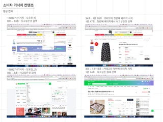 영상 캡쳐
소비자 리서치 컨텐츠
170327 (리서치 - 도유진-1)
0초 ~ 33초 : 사고싶은것 검색
34초 : 1분 16초 : 카테고리 첫번째 페이지 서치
1분 17초 : 첫번째 페이지에서 사고싶은것 선택
170327 (리서치 - 도유진_2)
0초 ~ 3초 : 사고싶은것 검색
3초 ~ 1분 13초 : 카테고리 첫번째 페이지 서치
1분 14초 : 사고싶은 침대 선택
 