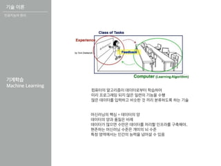 컴퓨터의 알고리즘이 데이터로부터 학습하여
미리 프로그래밍 되지 않은 일련의 기능을 수행
많은 데이터를 입력하고 비슷한 것 끼리 분류하도록 하는 기술
기계학습
Machine Learning
머신러닝의 핵심 = 데이터의 양
데이터의 양과 품질은 비례
데이터가 많으면 수만은 데이터를 처리할 인프라를 구축해야..
현존하는 머신러닝 수준은 개미의 뇌 수준
특정 영역에서는 인간의 능력을 넘어설 수 있음
기술 이론
인공지능의 원리
 
