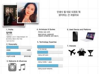 임지현
1996.02.27
서울특별시 강서구 가양동 휴먼빌에 거주
동국대학교 영문과 3학년 학생
1남2녀 중 차녀
외향형 내향형
2. Personality
이성적 사고형 원칙주의형
1. Profile
3. Referents & Influences
4. Archetype & Quotes
저지르고 보는 성격
일에 있어서는 성급하지만
사람과의 관계에서는 많이 참는다.
인생사 될 대로 되겠죠 뭐
생각하는 건 귀찮아요
5. Technology Expertise
IT & Internet
Using soft ware
Using mobile - apps
Using social networks
6. Used Device and Platforms
7. Interests
 