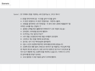Scenario
Scene 1. 옷 가게에서 옷을 구경하는 A와 인공지능 B, 그리고 캐셔 C
A :(옷을 뒤적거리며) 음…이 옷을 살까 저 옷을 살까…
A : 이 옷은 5만원이고 저 옷은 7만원이넹~ 어떤게 나을까..
A : (한참을 생각하며) 너무 어려운걸…이 옷이 과연 나한테 어울릴까?? 합
리적인 소비를 하는 것일까..??
A : 잘못된 선택을 해서 불행지면 어떡하지?? 너무 걱정이 되는걸…
A : 안되겠다. (이어폰을 꽂으며) 햄릿아~
B : 네 주인님. 무슨 일이신가요??
A : 내가 옷을 고민중인데 어떤 옷을 사야할지 모르겠어
B : 고민하고 계신 옷을 저한테 보내주세요
A : 잠시만, 내가 사진 찍어보낼게 (찰칵찰칵)
B : (잠시 시간이 흐른후)객관적인 데이터를 분석해 보았습니다.
B : 오른쪽 옷은 팬톤 컬러 2766C로 네이비가 잘 어울리는 주인님께 적절
한 색상의 옷으로 보입니다. 또한 2017년 트렌드인 꽃 자수가 포인트로 들
어가 있기 때문에 저는 오른쪽 옷을 추천하고 싶습니다. 가격이 더 나가지
만 값어치를 할 옷일거 같네요.
A : 오오 알았엉~!!그럼 이걸로 살게~!!고마워 헴릿아.
 