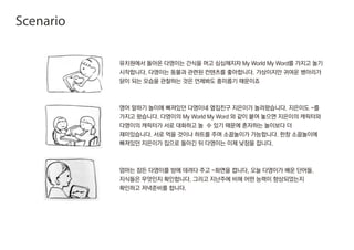 유치원에서 돌아온 다영이는 간식을 머고 심심해지자 My World My Word를 가지고 놀기
시작합니다. 다영이는 동물과 관련된 컨텐츠를 좋아합니다. 가상이지만 귀여운 병아리가
닭이 되는 모습을 관찰하는 것은 언제봐도 흥미롭기 때문이죠
영어 말하기 놀이에 빠져있던 다영이네 옆집친구 지은이가 놀러왔습니다. 지은이도 -를
가지고 왔습니다. 다영이의 My World My Word 와 같이 붙여 놓으면 지은이의 캐릭터와
다영이의 캐릭터가 서로 대화하고 놀 수 있기 때문에 혼자하는 놀이보다 더
재미있습니다. 서로 먹을 것이나 하트를 주며 소꿉놀이가 가능합니다. 한창 소꿉놀이에
빠져있던 지은이가 집으로 돌아긴 뒤 다영이는 이제 낮잠을 잡니다.
엄마는 잠든 다영이를 방에 데려다 주고 -화면을 켭니다, 오늘 다영이가 배운 단어들.
지식들은 무엇인지 확인합니다. 그리고 지난주에 비해 어떤 능력이 향상되었는지
확인하고 저녁준비를 합니다.
Scenario
 