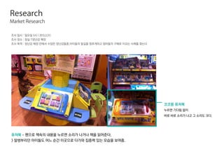 Research
Market Research
조사 일시 : 일요일 5시 ( 2013.3.31)
조사 장소 : 잠실 T장난감 매장
조사 목적 : 장난감 매장 안에서 수많은 장난감들중,아이들의 발길을 멈추게하고 엄마들의 구매로 이끄는 사례를 찾는다
퓨쳐북 – 팬으로 책속의 내용을 누르면 소리가 나거나 책을 읽어준다.
 말썽부리던 아이들도 어느 순간 이곳으로 다가와 집중력 있는 모습을 보여줌.
코코몽 퓨쳐북
누르면 기다림 없이
바로 바로 소리가 나고 그 소리도 크다.
 