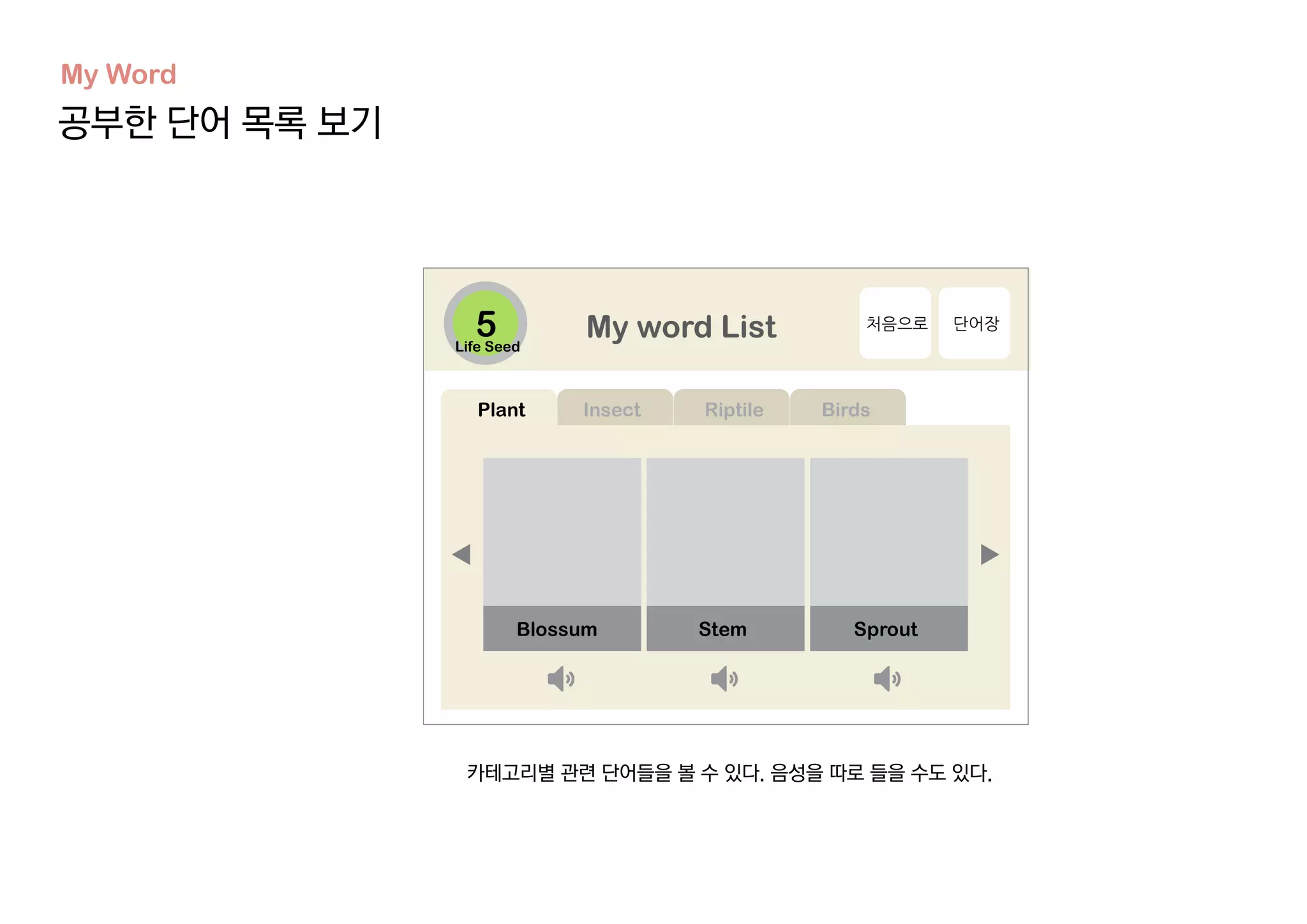 공부한 단어 목록 보기
My Word
카테고리별 관련 단어들을 볼 수 있다. 음성을 따로 들을 수도 있다.
Life Seed
 