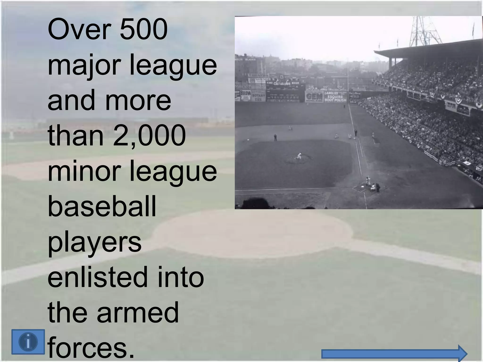 Over 500
major league
and more
than 2,000
minor league
baseball
players
enlisted into
the armed
forces.
 