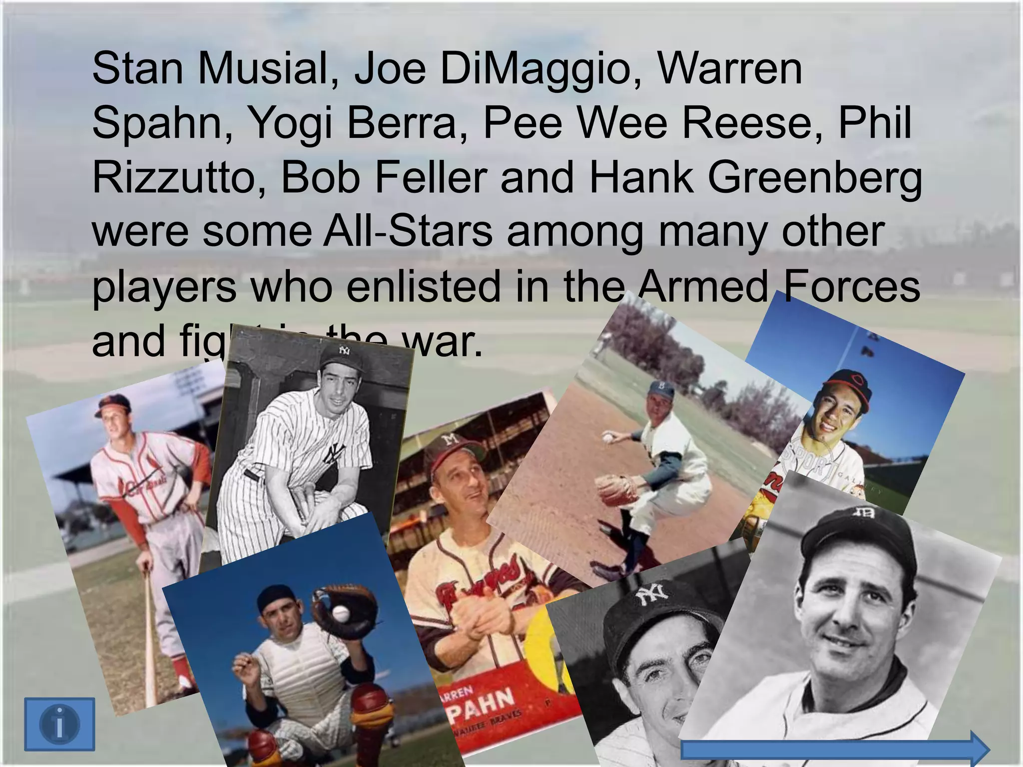 Stan Musial, Joe DiMaggio, Warren
Spahn, Yogi Berra, Pee Wee Reese, Phil
Rizzutto, Bob Feller and Hank Greenberg
were some All-Stars among many other
players who enlisted in the Armed Forces
and fight in the war.
 