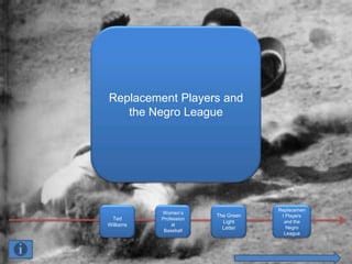 Replacement Players and
   the Negro League




                                    Replacemen
           Women’s
                        The Green    t Players
 Ted       Profession
                          Light       and the
Williams       al
                          Letter       Negro
            Baseball
                                      League
 