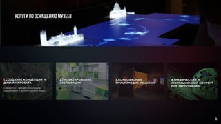 Услуги по оснащению музеев
3.КОМПЛЕКСНЫЕ
МУЛЬТИМЕДИА-РЕШЕНИЯ	
2.ПРОЕКТИРОВАНИЕ
ЭКСПОЗИЦИИ
1.СОЗДАНИЕ КОНЦЕПЦИИ И
ДИЗАЙН-ПРОЕКТА
(совместно с профессиональными
художниками и архитектурными бюро)
4.ГРАФИЧЕСКИЙ И
АНИМАЦИОННЫЙ КОНТЕНТ
ДЛЯ ЭКСПОЗИЦИИ
5
 