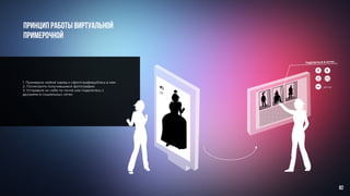 ПРИНЦИП РАБОТЫ ВИРТУАЛЬНОЙ
ПРИМЕРОЧНОЙ
1. Примерьте любой наряд и сфотографируйтесь в нем	
2. Посмотрите получившиеся фотографии
3. Отправьте их себе по почте или поделитесь с
друзьями в социальных сетях
ДРУГИЕ...
ПОДЕЛИТЬСЯ В СЕТЯХ...
82
 