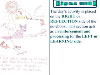 The day’s activity is placed on the  RIGHT or REFLECTION  side of the notebook. This section acts as a  reinforcement and processing  for the  LEFT or LEARNING side .  Right SIDE 