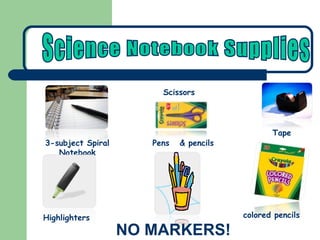 colored pencils Pens  & pencils NO MARKERS! 3-subject Spiral Notebook Highlighters Scissors Tape Science Notebook Supplies 