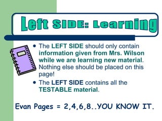 The  LEFT SIDE  should only contain  information given from Mrs. Wilson while we are learning new material .  Nothing else should be placed on this page!  The  LEFT SIDE  contains all the  TESTABLE material . Evan Pages = 2,4,6,8..YOU KNOW IT. Left SIDE: Learning 