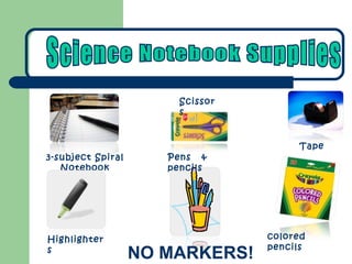colored pencils Pens  & pencils NO MARKERS! 3-subject Spiral Notebook Highlighters Scissors Tape Science Notebook Supplies 